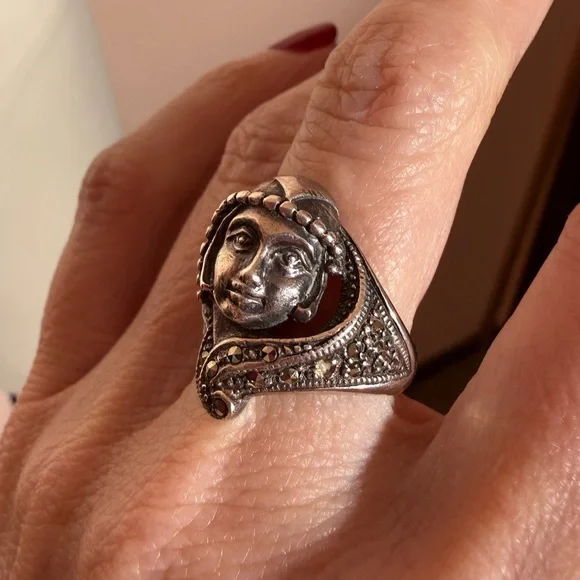 Antique Art deco 1920’s Sterling silver art Nouveau Flapper Face Ring - Picture 17 of 17